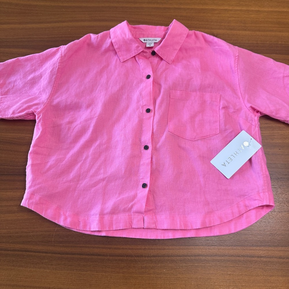 Athleta Retreat 100% Linen Shirt Women Small Pink Short Sleeve Boxy Crop Coastal - Picture 4 of 10